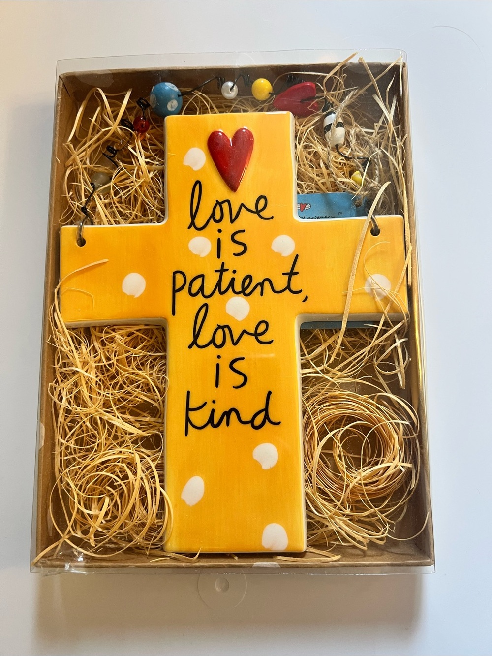 Yellow Polka Dot Ceramic Cross Wall Decor - "Love is Patient, Love is Kind"